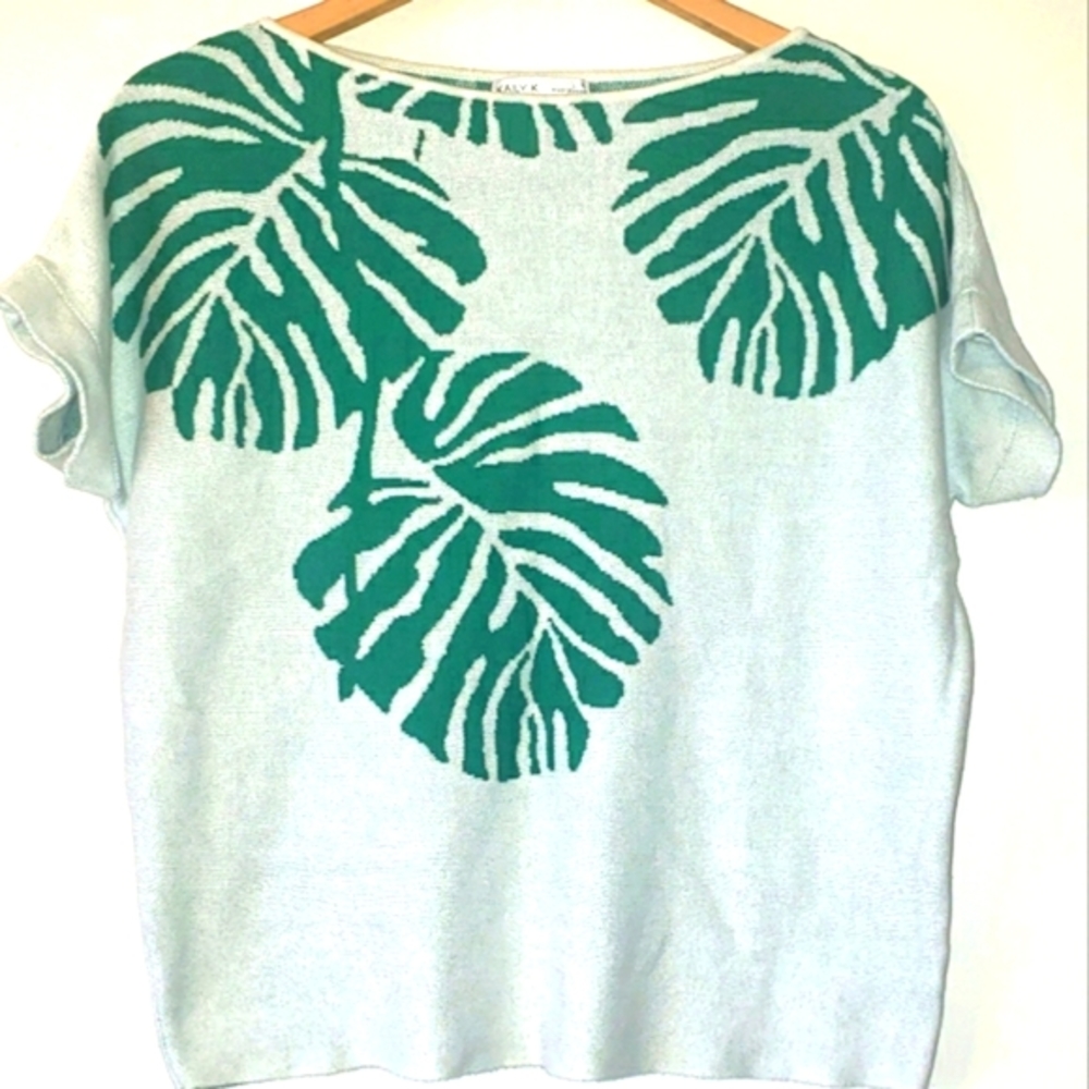 Knit Palm Leaf Short Sleeve Top by Kaily K, Size Large
